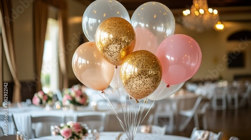 Colorful balloons with gold accents decorate an elegant banquet table for a s...
