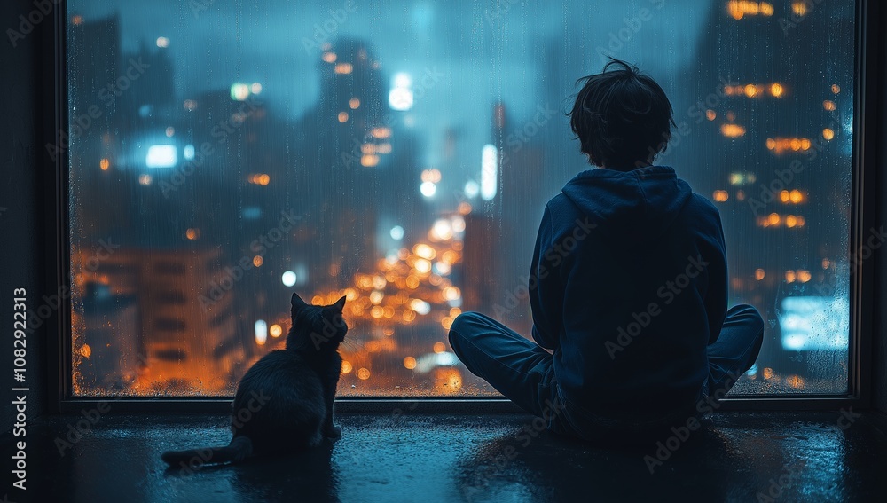 a man and a cat looking out a window at a city at night