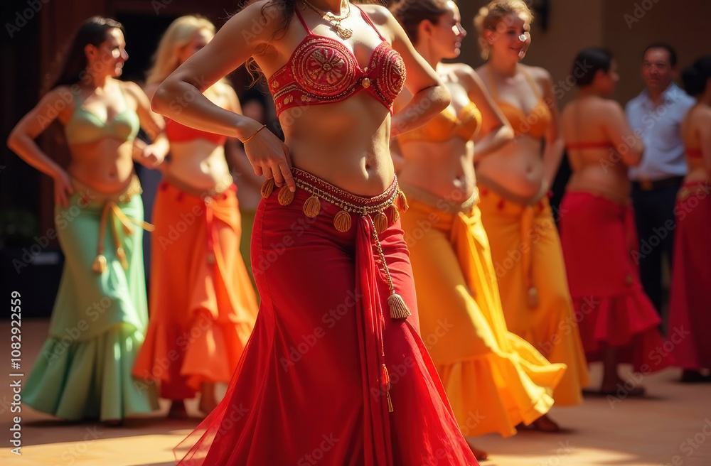 Naklejka premium A performer in a red belly dance outfit leads a lively group in colorful costumes at a cultural celebration