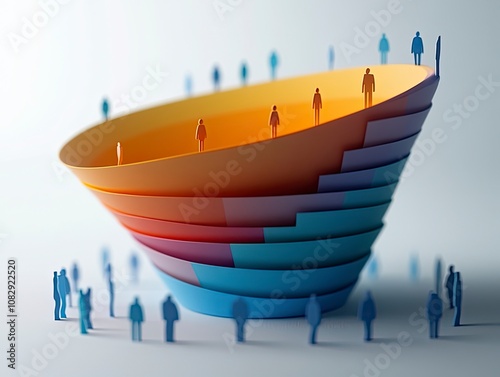 Abstract colorful funnel with small blue people scattered around it and a few people on the funnel itself.  A concept representing a funnel.  The funnel is open at the top and narrow at the bottom.