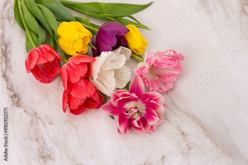 Assorted tulips and fringed pink flowers on marble background. photo