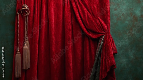 Elegant red curtains with tassels draped against a textured green wall in a c...