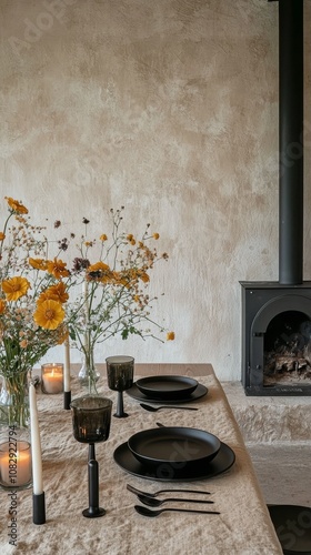 Elegant dining setup with black tableware and candles near a cozy fireplace i...