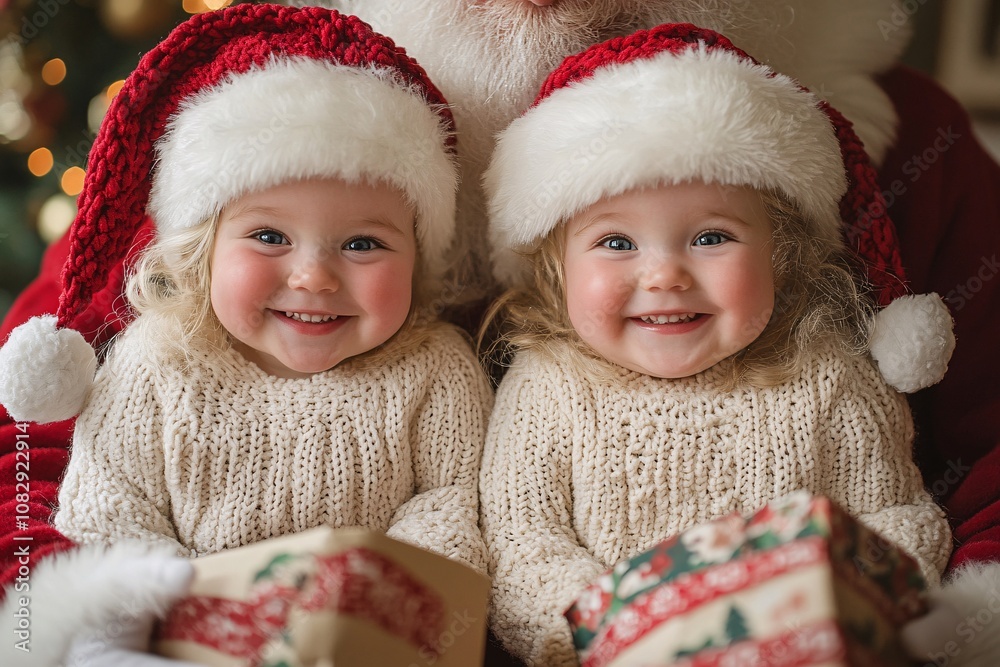 Twin girls wearing red and white hats beam with happiness as they hold colorful wrapped gifts. They sit closely with Santa Claus, immersed in a cheerful holiday atmosphere Twin girls wearing red and white hats beam with happiness as they hold colorful wrapped gifts. They sit closely with Santa Claus, immersed in a cheerful holiday atmosphere