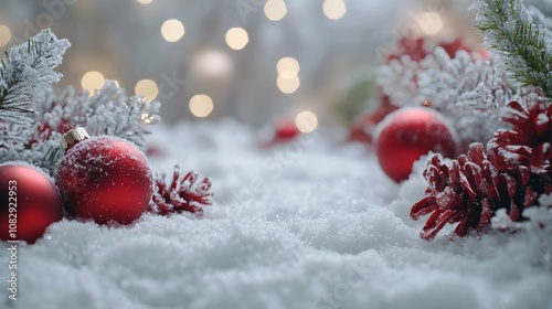 Red ornaments resting on snowy ground with soft light during winter season