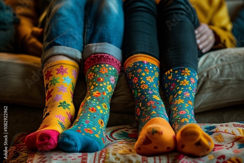 Two pairs of brightly patterned socks are visible as friends relax on a couch during a fun, casual gathering filled with laughter and warmth