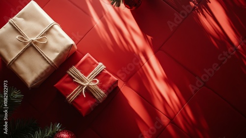 Holiday gift wrapped in brown paper sits on a red background with decorative ...