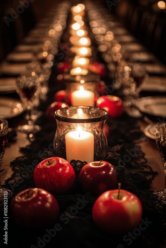 Elegant dinner setting with red apples and candlelight at a festive gathering...