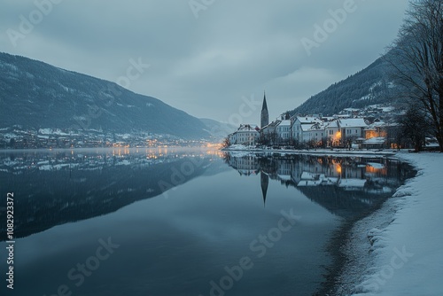 Scenic winter evening by the tranquil lake with reflections of mountains and ...