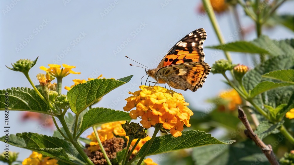 Obraz premium A delicate butterfly perched on a bright yellow flower with orange stripes, surrounded by lush green leaves and vibrant petals, wildlife, pollination, butterflies