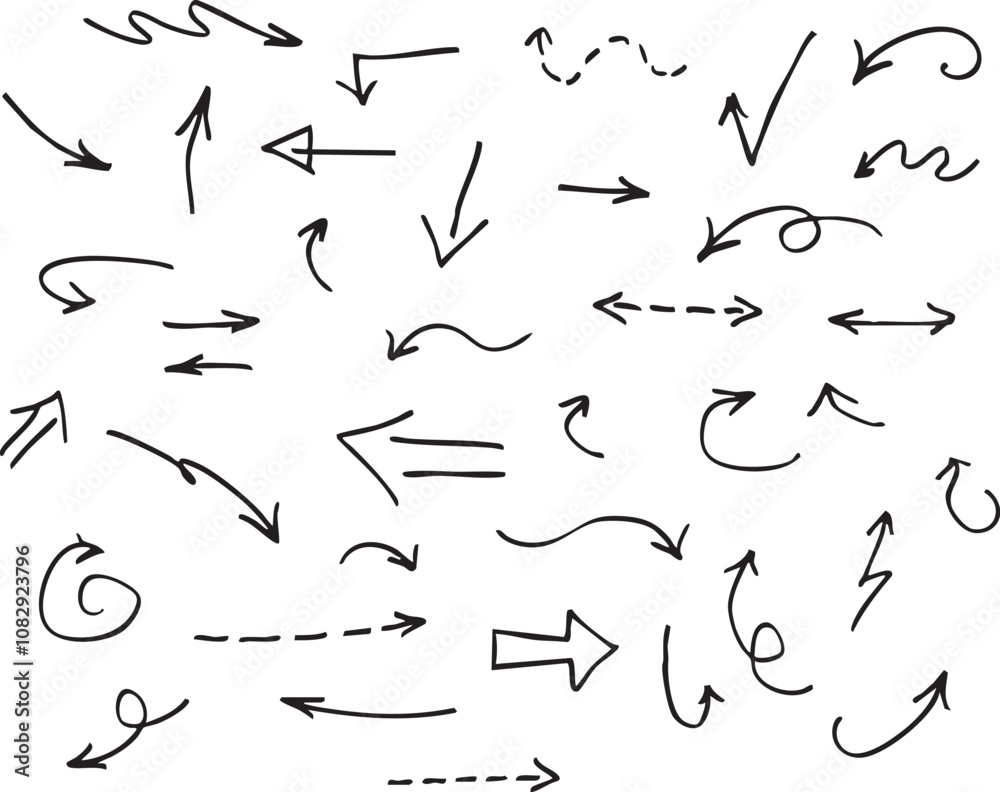 Set of hand drawn black curved arrows, scribble doodle vector illustration on white background Set of hand drawn black curved arrows, scribble doodle vector illustration on white background
