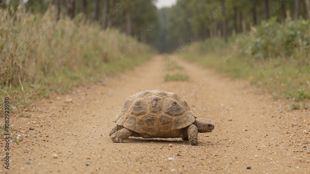Symbolic tortoise crossing dusty path conveys wisdom and patience