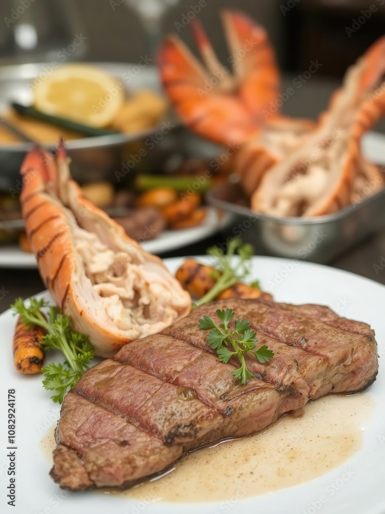 A delicious surf and turf meal with steak, lobster tail, and grilled vegetables in the background, with a shallow depth of field, cooking, food A delicious surf and turf meal with steak, lobster tail, and grilled vegetables in the background, with a shallow depth of field, cooking, food