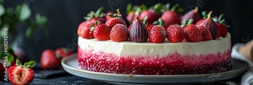 Delicious layered cake topped with fresh figs and strawberries on a dark text...