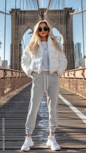 Woman walks confidently on Brooklyn Bridge wearing casual winter attire durin...