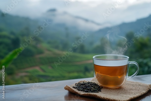 cup of steaming hot tea on wooden table on tea plantation in mountains blurred landscape background, antioxidant drink wallpaper, freshness of morning in nature banner, international world tea day