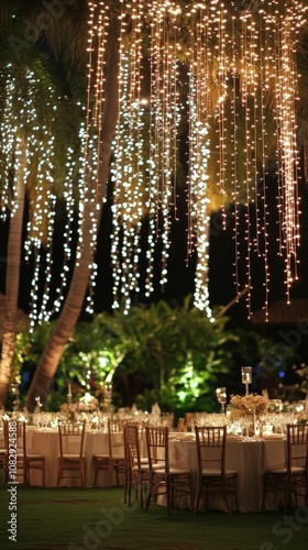 Elegant outdoor wedding reception beautifully decorated with string lights an...
