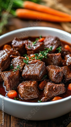 Tender slow cooked beef stew with carrots and herbs served in a white bowl