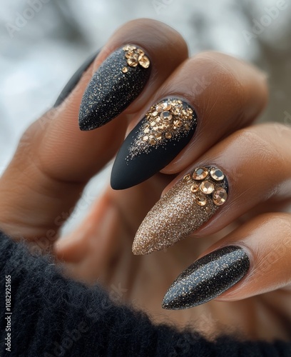 Elegant black and gold nail design with embellishments for special occasions