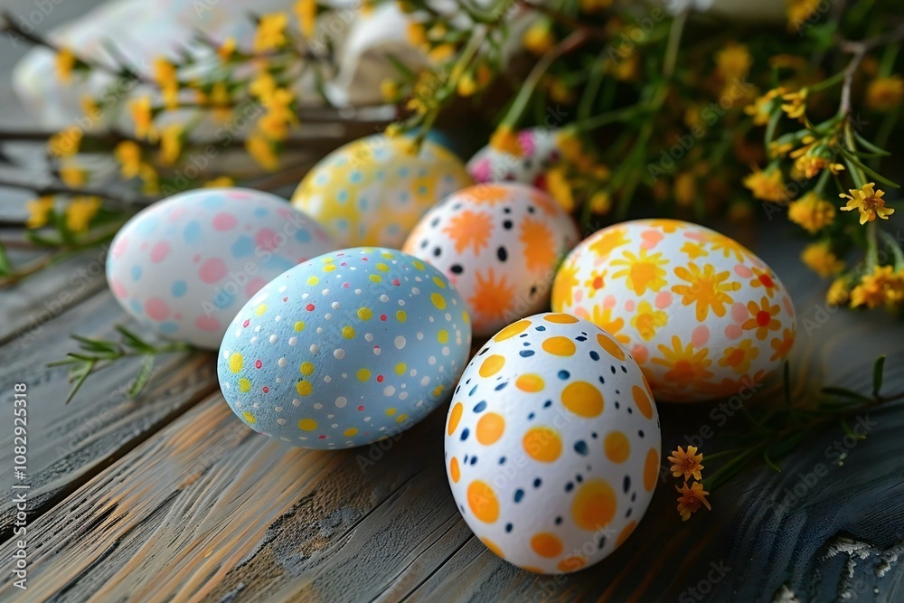 Obraz premium Empty wooden table background with colorful easter eggs and spring decorations.