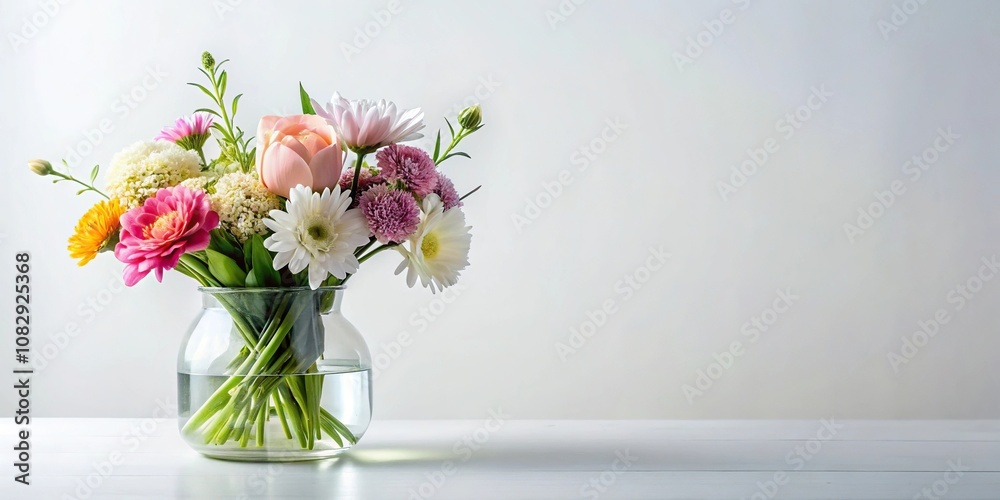 Beautifully arranged flowers in a modern glass container on a sleek white background, home, minimalist Beautifully arranged flowers in a modern glass container on a sleek white background, home, minimalist