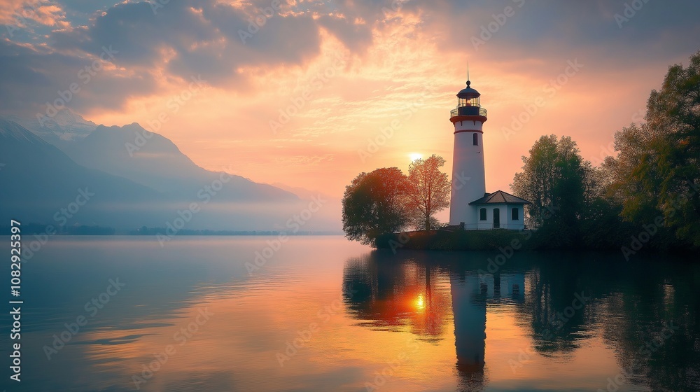 Fototapeta premium Lighthouse at Lake, Lake at sunrise