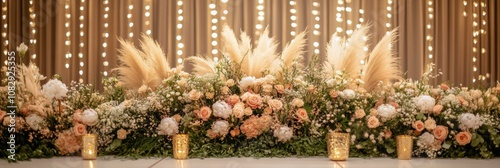 Elegant floral arrangement featuring roses and pampas grass during a festive ...