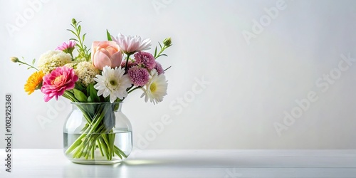 Beautifully arranged flowers in a modern glass container on a sleek white background, home, minimalist