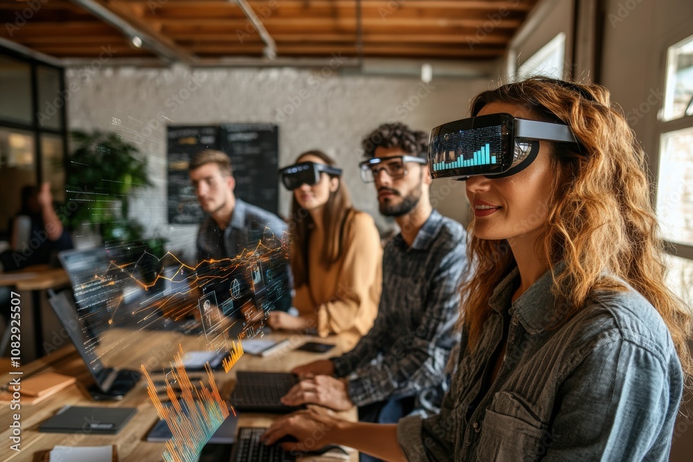 Obraz premium A diverse group of professionals in a modern office using augmented reality glasses for virtual meetings, with digital charts and analytics projected in front of them