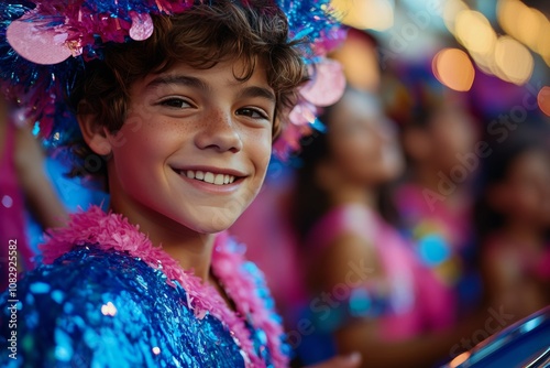 A young boy smiles brightly while dressed in a colorful carnival costume, hol...