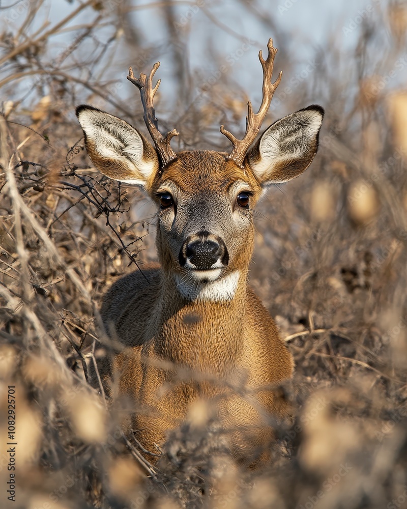 A young white-tailed deer with antlers peeks through the brush, its brown coat blending with the surrounding foliage. A young white-tailed deer with antlers peeks through the brush, its brown coat blending with the surrounding foliage.