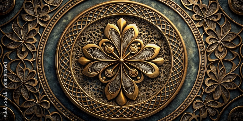 Obraz premium Intricate Gold Floral Pattern with Circular Design, 3D Rendering, Luxury, Ornate, Decorative, Ornament, Pattern