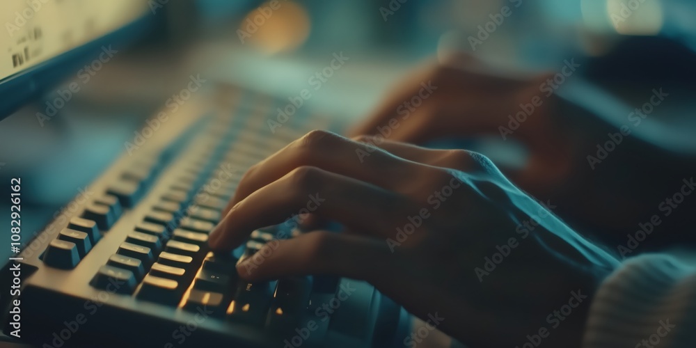 Office worker typing on keyboard in evening light Office worker typing on keyboard in evening light