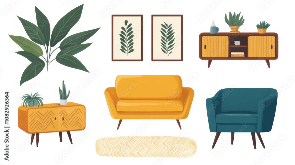 Fototapeta premium Mid-century modern furniture set. Interior design