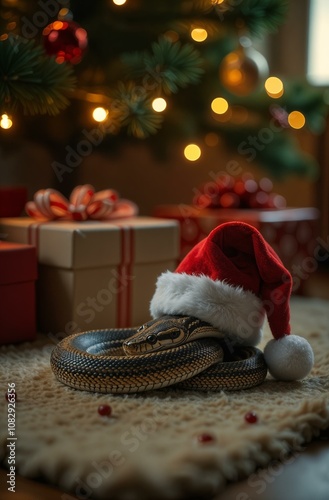 Chinese new year 2025 with cute snake in xmas hat. A snake on background of a Christmas tree, lights and gift boxes
