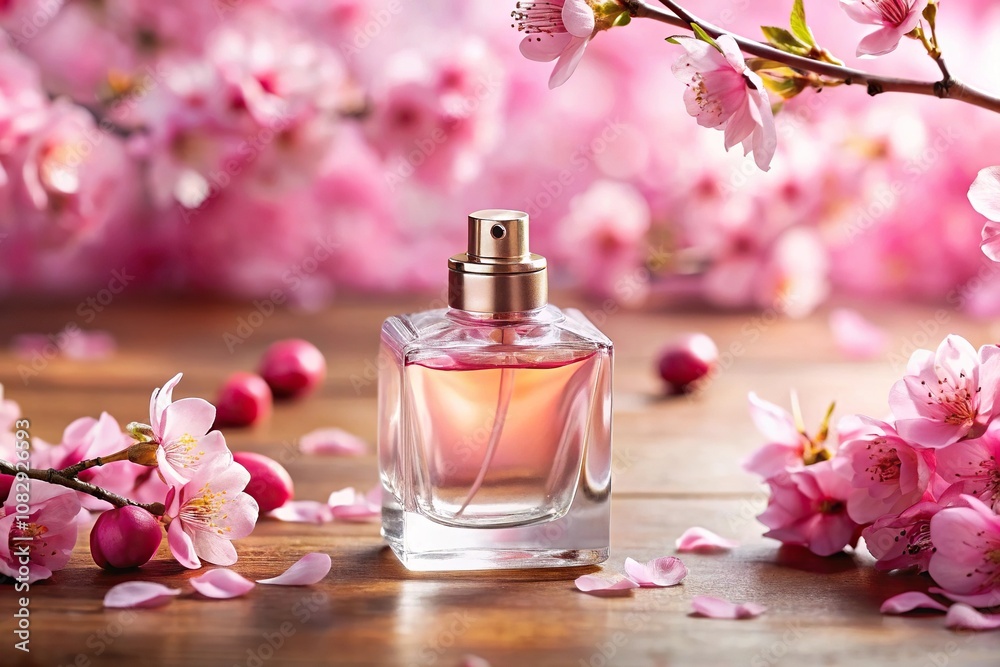 Close-Up of perfume bottle with sakura branch and cherry blossom, spring aroma Close-Up of perfume bottle with sakura branch and cherry blossom, spring aroma