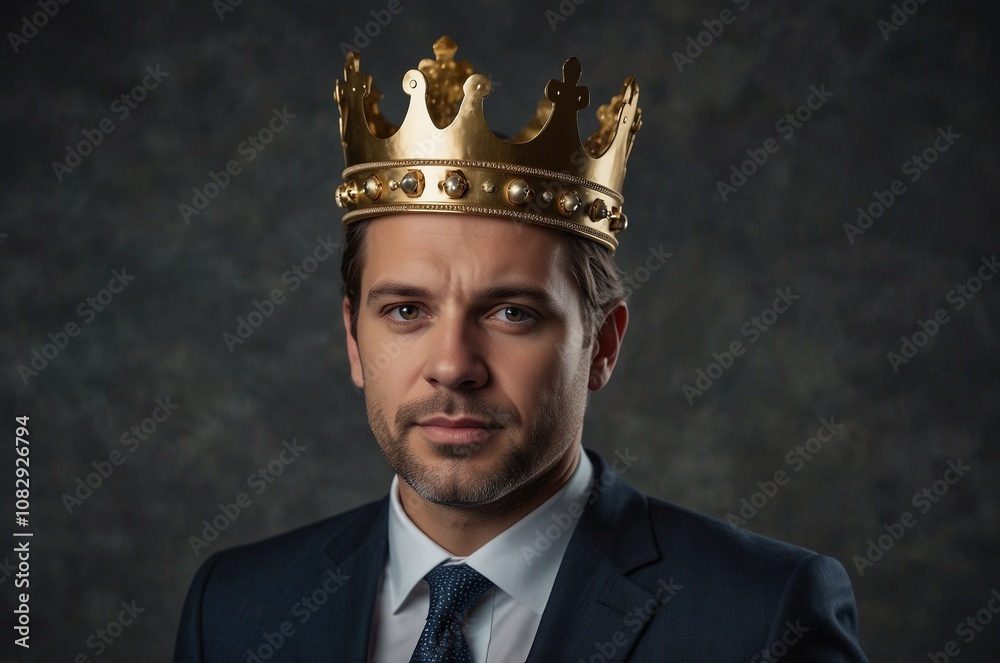 Portrait of a businessman man in a suit with a crown on his head.