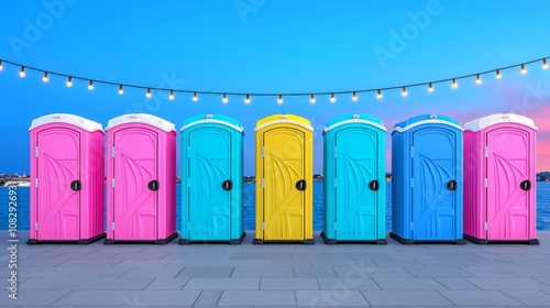 Walking along an illuminated walkway with colorful lavatories at dusk is a unique way to experience the cityscape photo