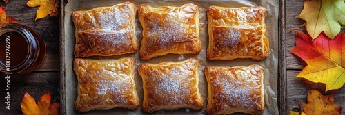 Freshly baked pastries arranged on a rustic wooden table surrounded by autumn...