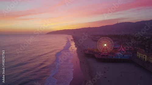Fototapeta Naklejka Na Ścianę i Meble -  Sunset View of Santa Monica Pier and Ferris Wheel