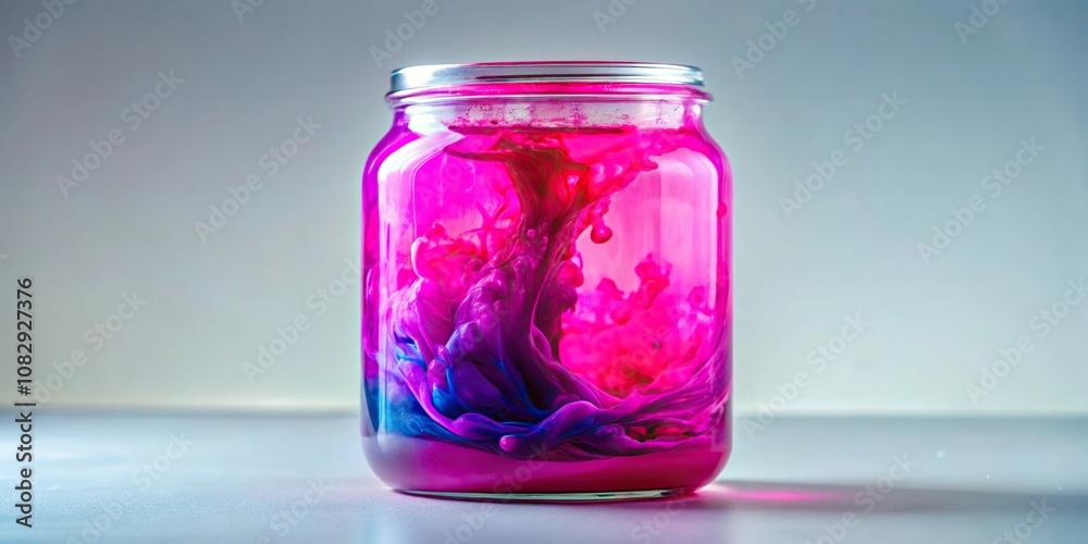 Colorful slime in a glass container with fuchsia liquid inside, laboratory, chemical, acidic