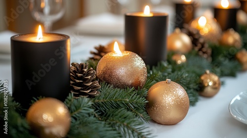 Elegant holiday dinner table decorated with black and gold ornaments and cand...