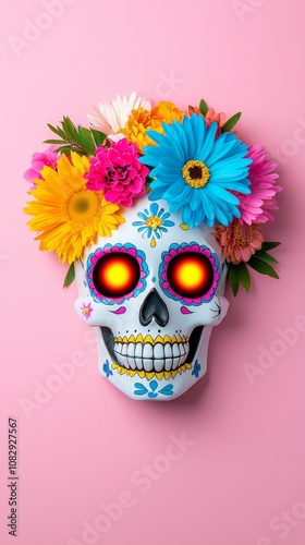 The sugar skull is adorned with a vibrant floral design and radiant details