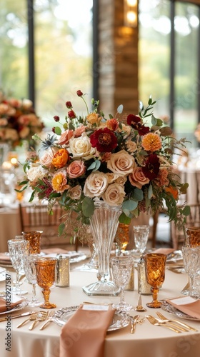 Beautiful floral arrangement on an elegant dining table during a spring gathe...