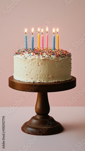 Celebratory cake adorned with colorful candles and sprinkles on a wooden stand