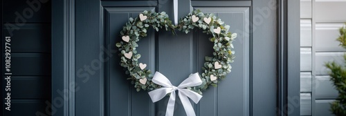 A decorative heart shaped wreath hangs elegantly on a blue front door adorned...