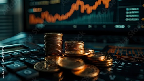 Shiny gold coins stacked on a calculator next to a laptop displaying a financial graph .