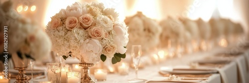 Elegant white floral arrangement on a beautifully set dining table for a spec...