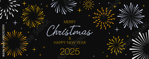 Merry Christmas card and Happy New Year 2025 banner with fireworks border. Vector illustration