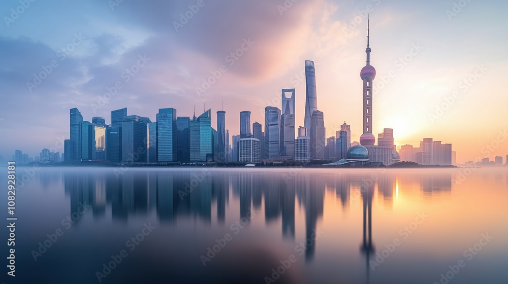 Obraz premium Shanghai skyline reflecting on the water at sunrise